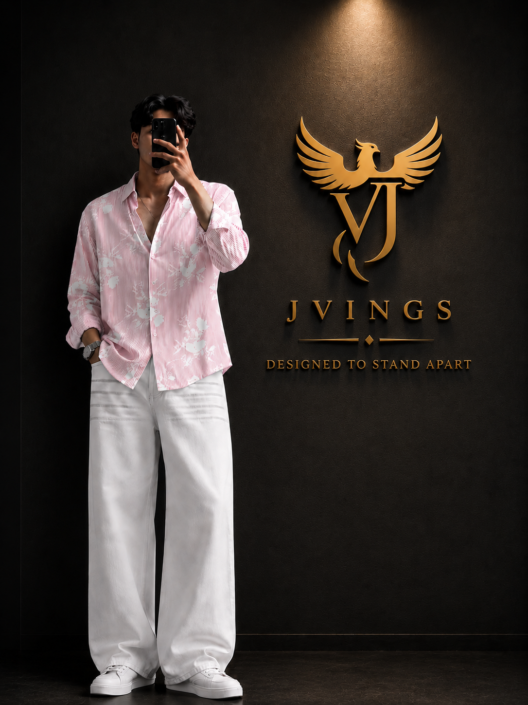 JVINGS Blush Bloom Signature Combo Set – Pink Floral Shirt & White Denim
