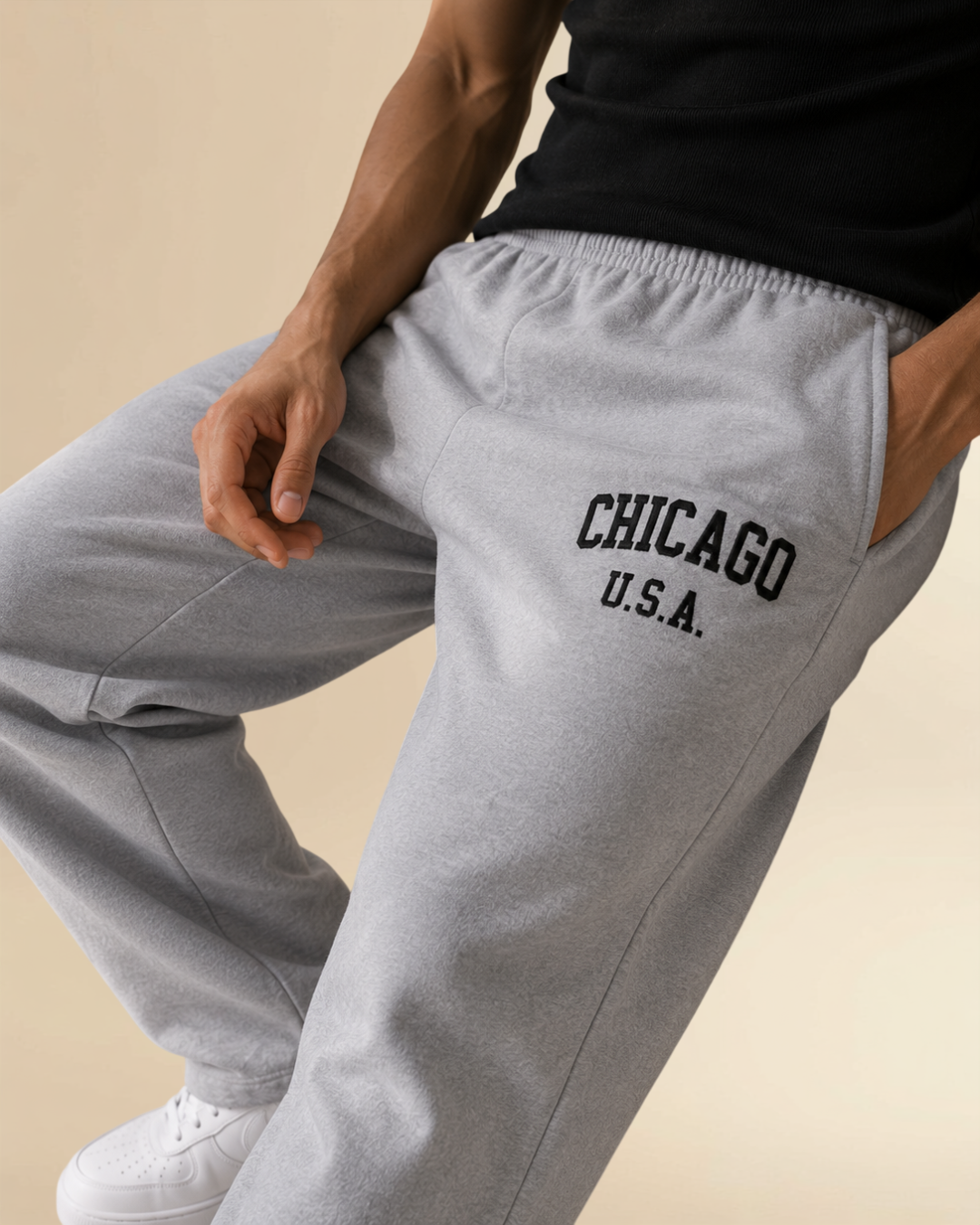 Chicago Wide Leg Track Pants | Relaxed Fit Premium Cotton Joggers - Grey Melange