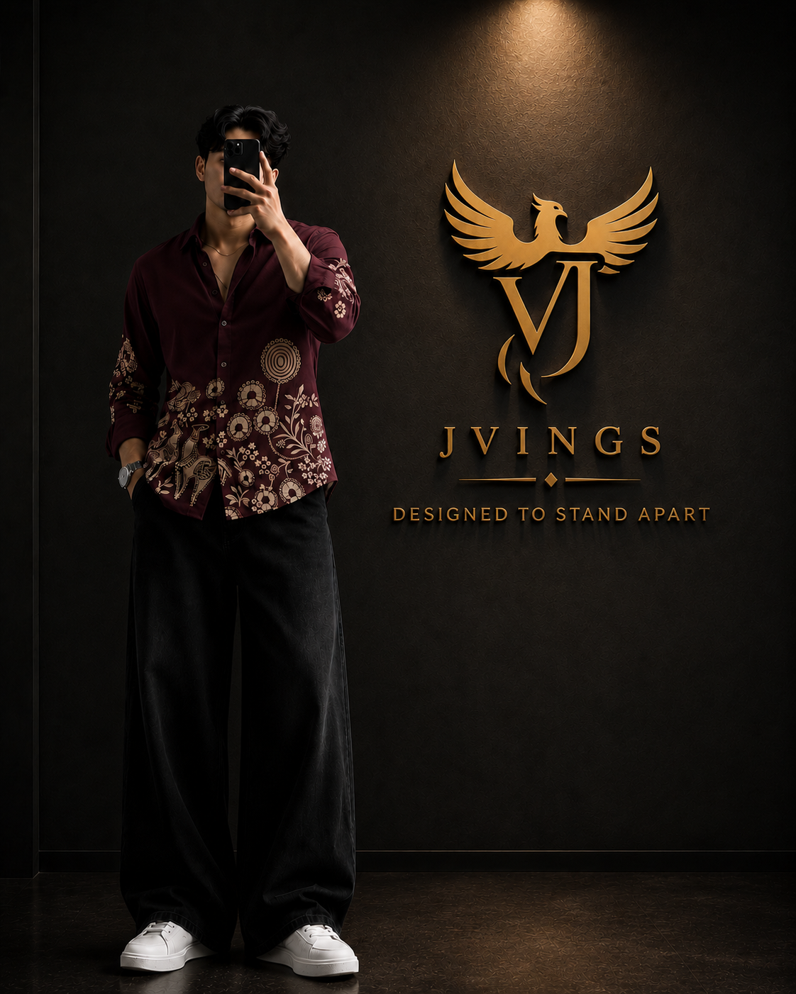 JVINGS Heritage Luxe Combo | Maroon Printed Shirt & White Jeans Set