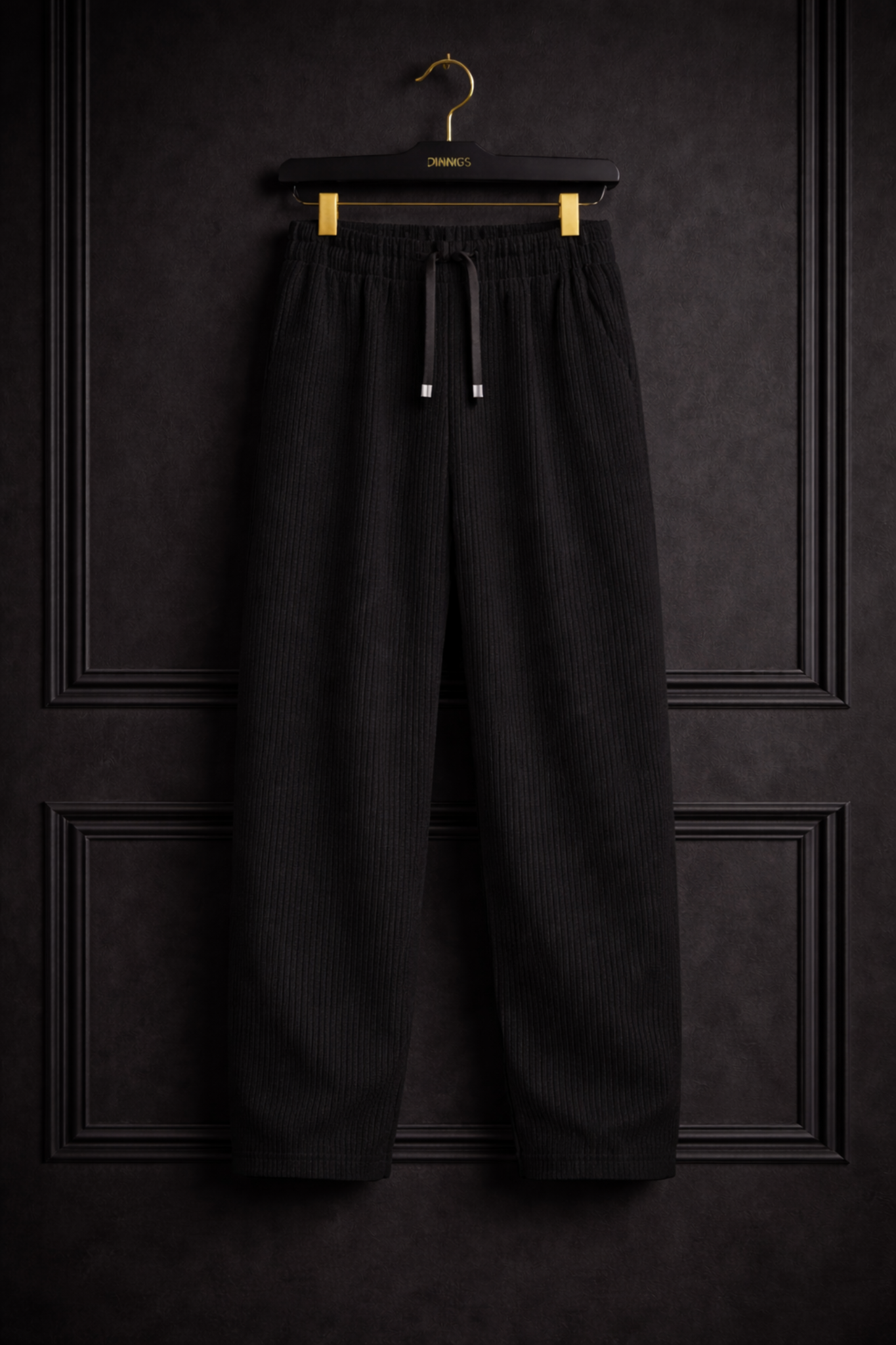 JVINGS Noir Luxe Ribbed Pants – Premium Relaxed Fit Black Drawstring Trousers