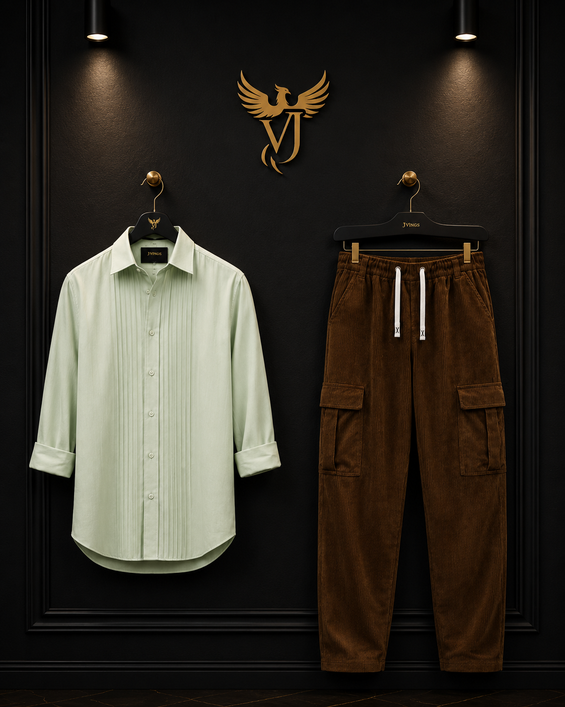JVINGS Signature Luxe Set – Mint Pleated Shirt & Corduroy Cargo Pants Combo