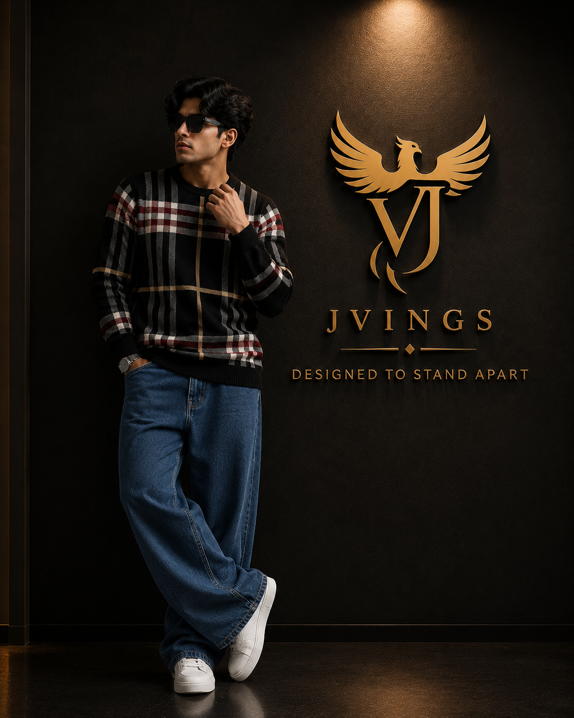 JVINGS Heritage Check Sweatshirt & Relaxed Blue Denim Combo