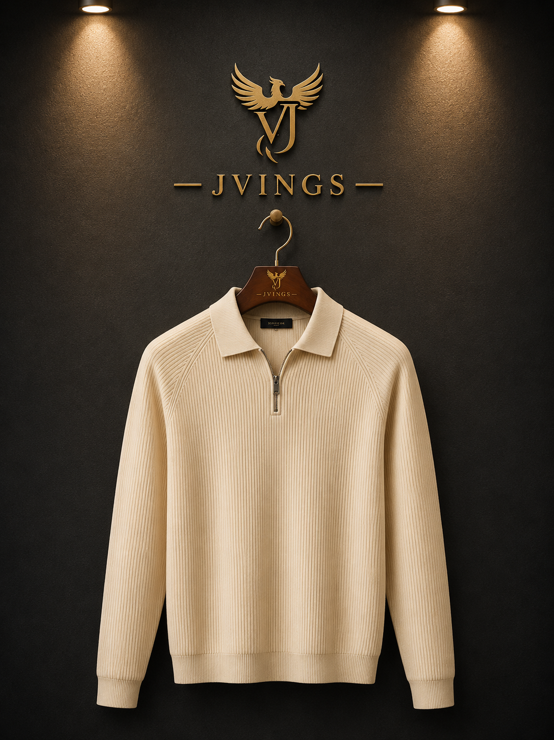 JVings Luxe Ribbed Half-Zip Polo Knit – Cream Edition