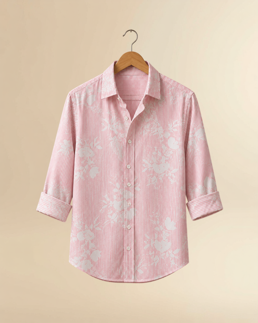 JVINGS Blush Bloom Premium Stripe Shirt | Luxury Floral Pink Shirt for Men