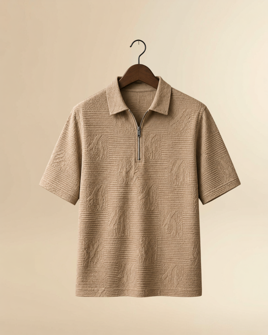 JVings Signature Textured Zip Polo – Beige