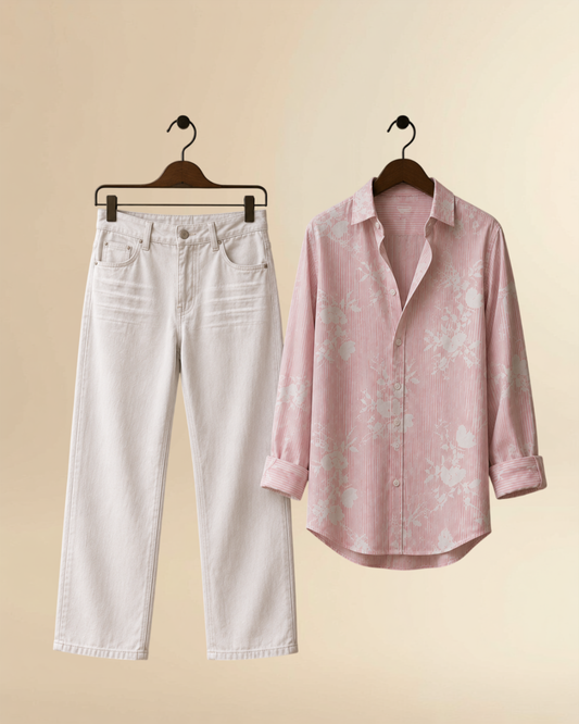 JVINGS Blush Bloom Signature Combo Set – Pink Floral Shirt & White Denim