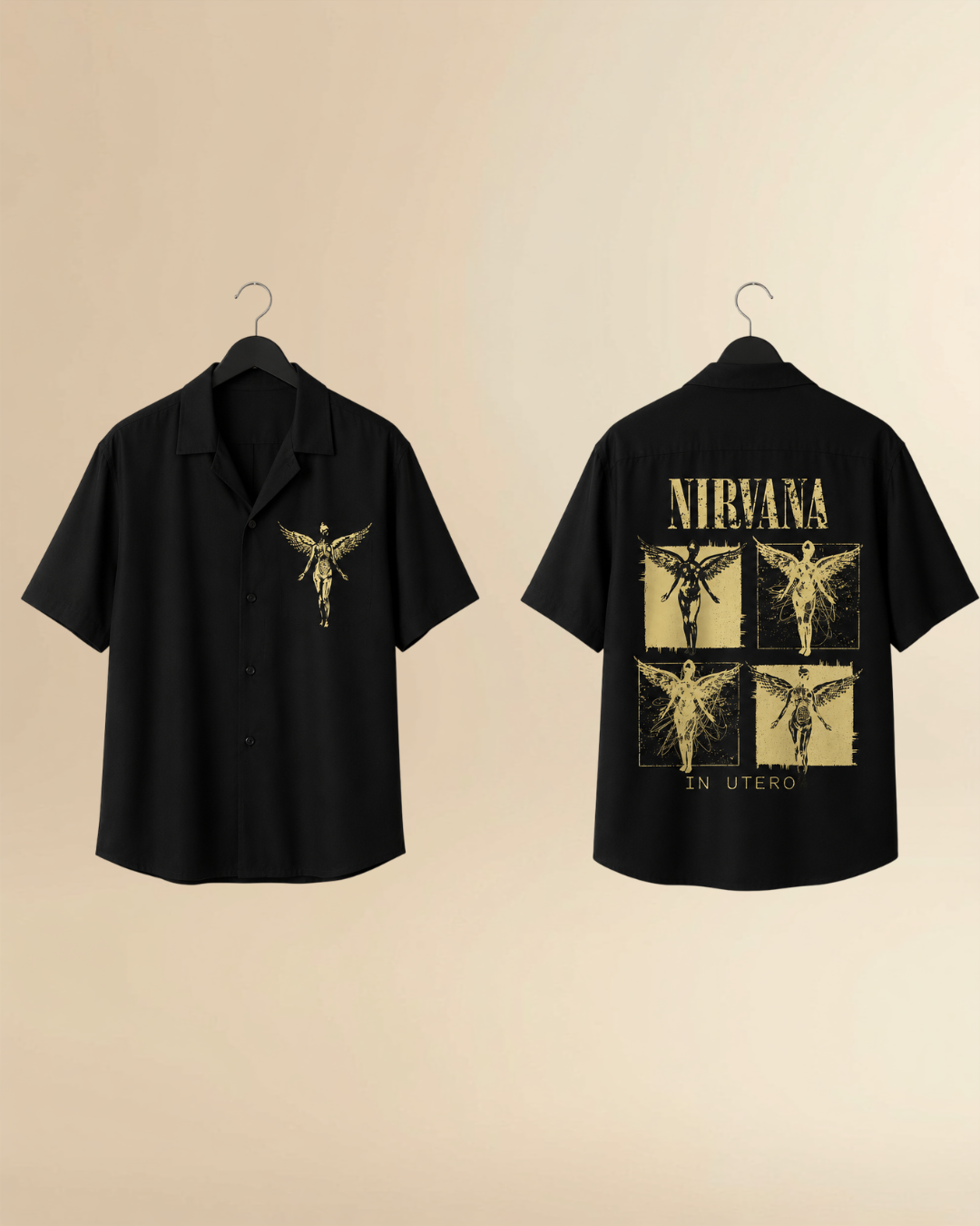 JVINGS Vintage Angel Graphic Oversized Cuban Collar Shirt – Black