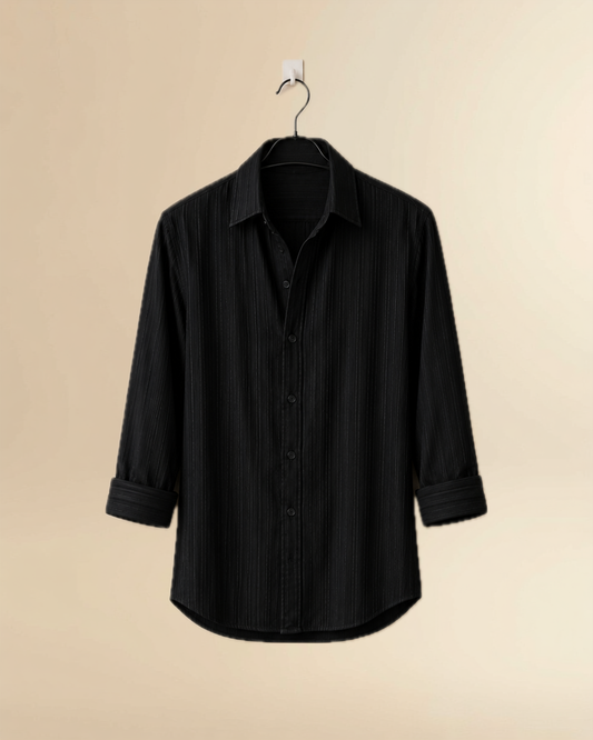 JVINGS Noir Luxe Vertical Texture Shirt – Sleek Black Premium Fit