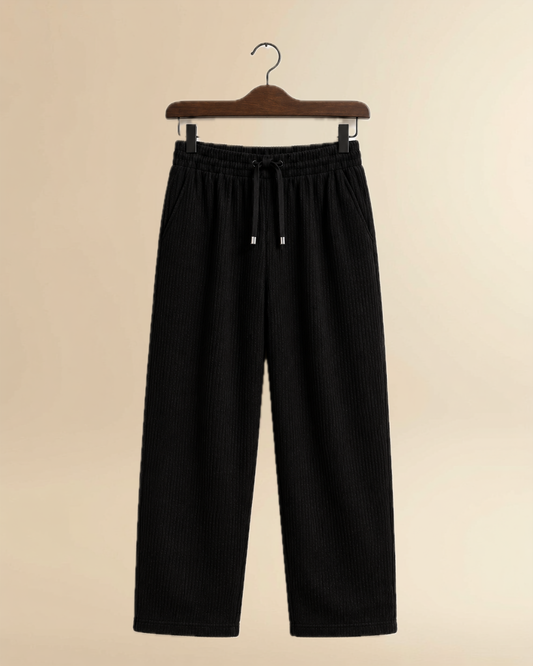 JVINGS Noir Luxe Ribbed Pants – Premium Relaxed Fit Black Drawstring Trousers