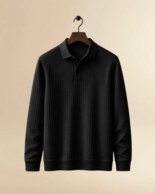 JVings Noir Ribbed Polo Sweatshirt – Premium Black Textured Knit
