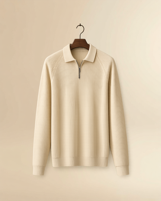 JVings Luxe Ribbed Half-Zip Polo Knit – Cream Edition