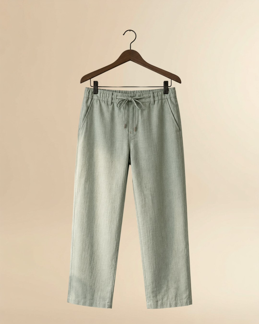 Sage Green Linen  Drawstring Trousers | Relaxed Straight Fit