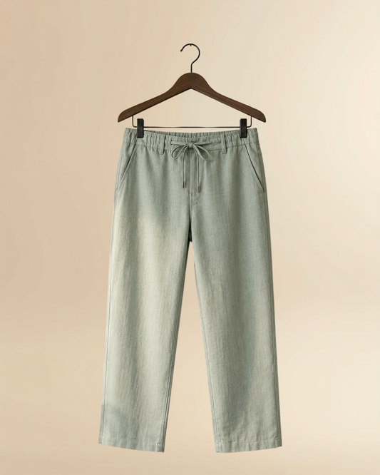 Sage Green Linen  Drawstring Trousers | Relaxed Straight Fit