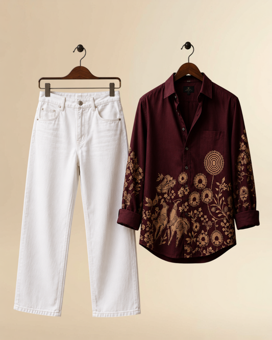 JVINGS Heritage Luxe Combo | Maroon Printed Shirt & White Jeans Set