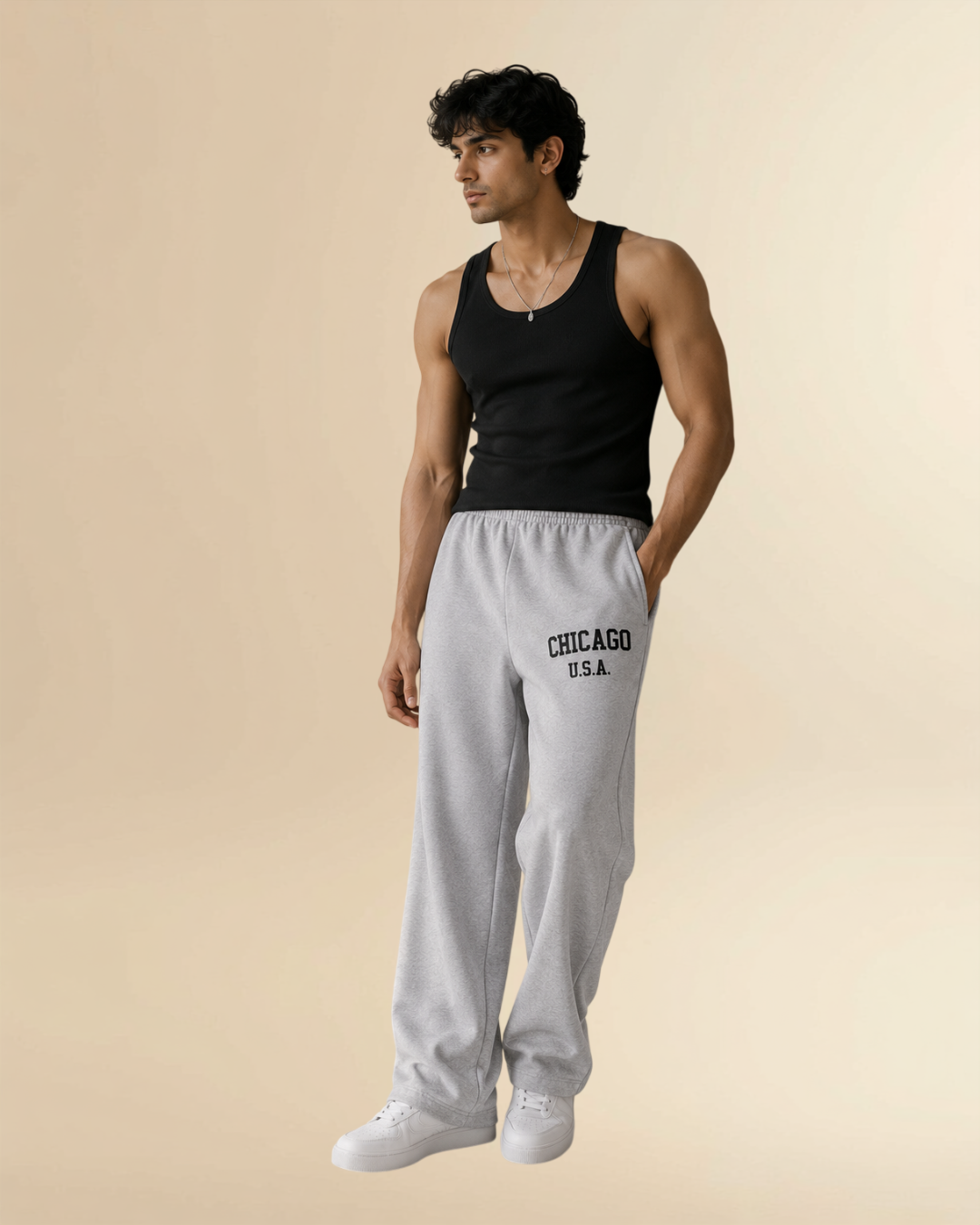 Chicago Wide Leg Track Pants | Relaxed Fit Premium Cotton Joggers - Grey Melange
