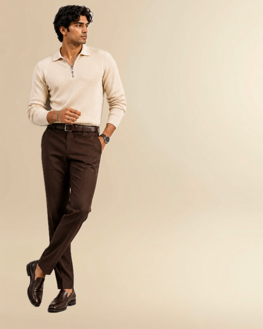 JVings Luxe Ribbed Half-Zip Polo Knit – Cream Edition