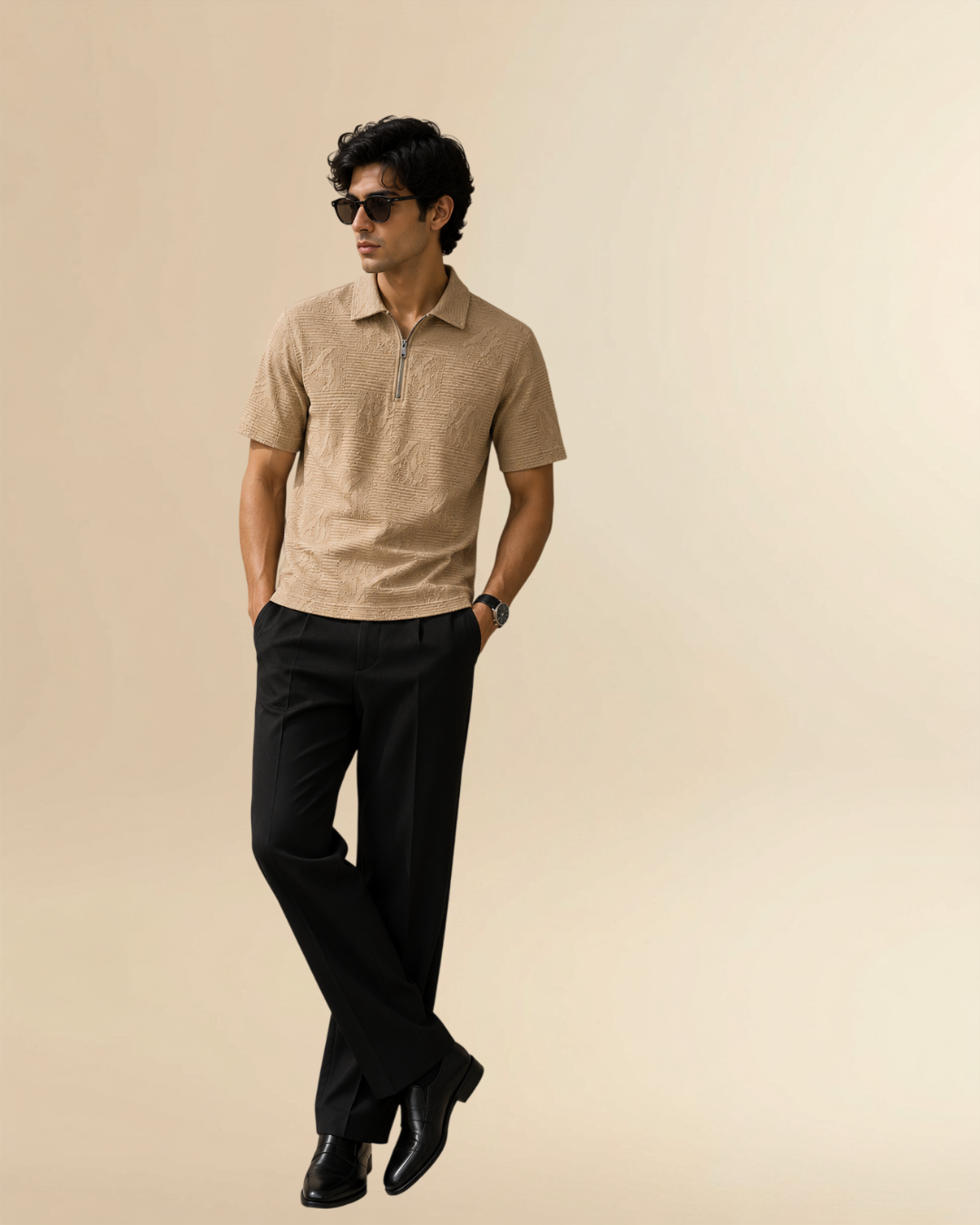 JVings Signature Textured Zip Polo – Beige
