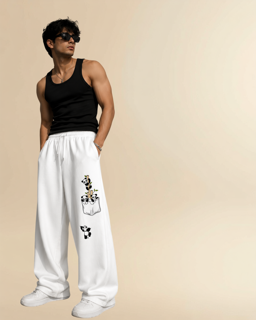 JVINGS Panda Wide Leg Track Pants – White
