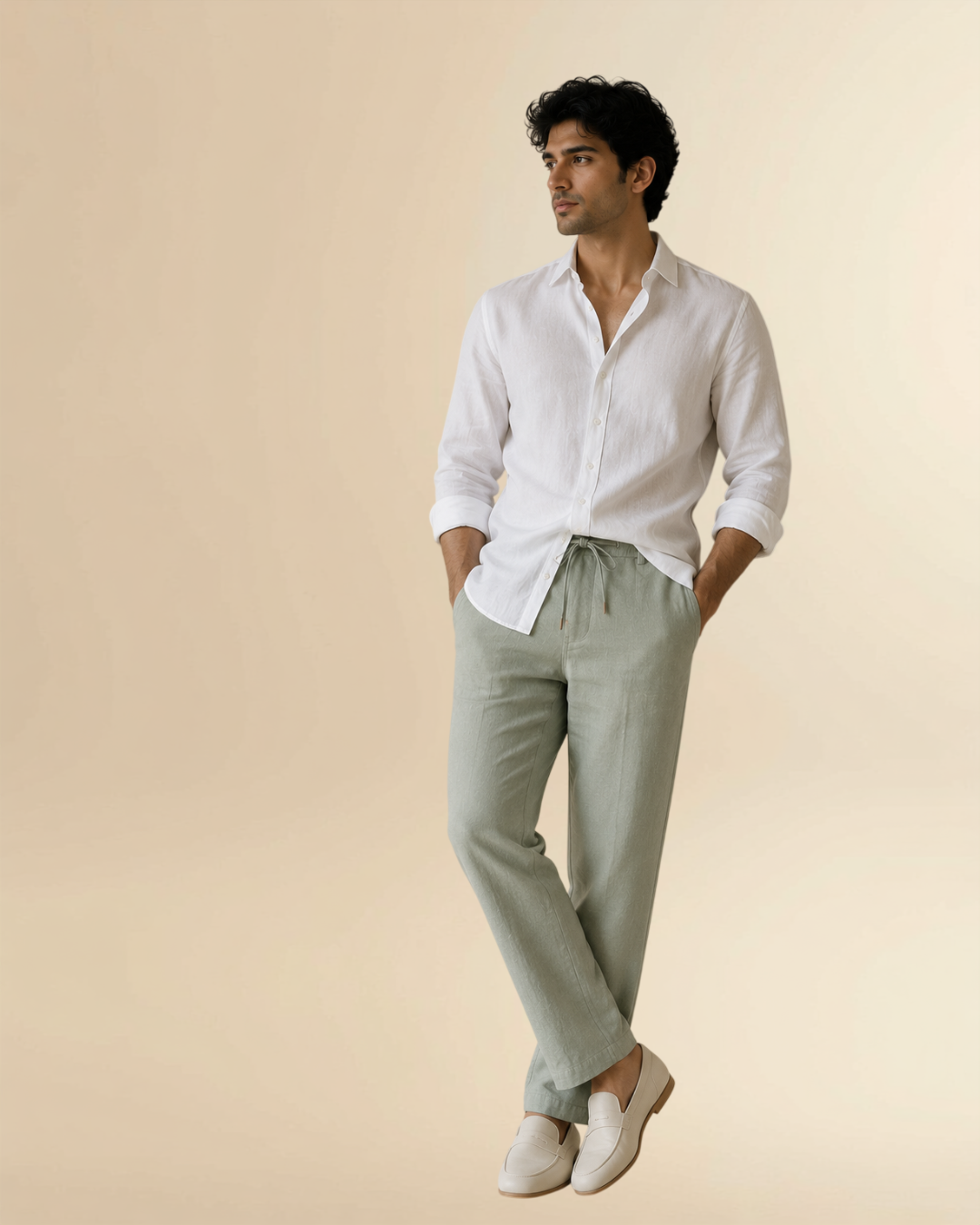 Sage Green Linen  Drawstring Trousers | Relaxed Straight Fit