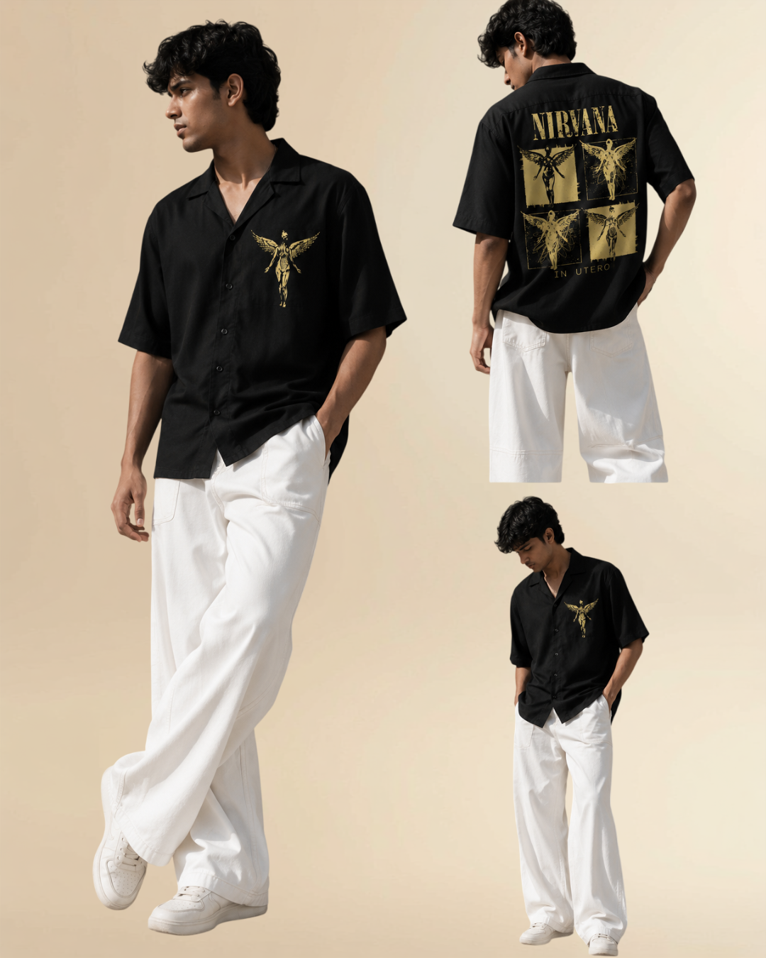 JVINGS Vintage Angel Graphic Oversized Cuban Collar Shirt – Black