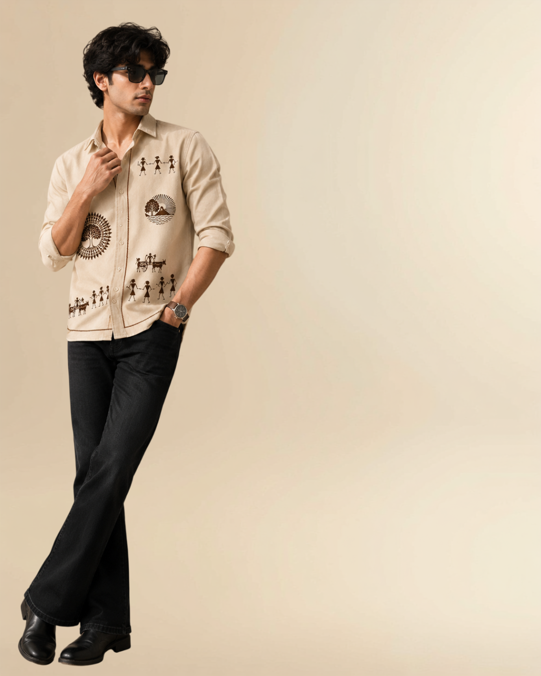 JVINGS Heritage Ivory Tribal Print Premium Casual Shirt