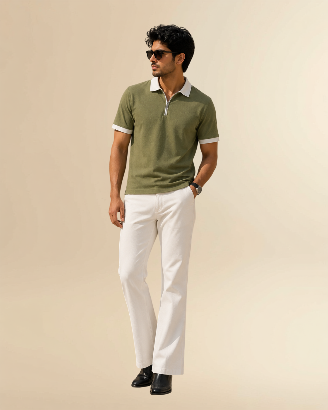 JVings Signature Textured Zip Polo – Sage Green Edition