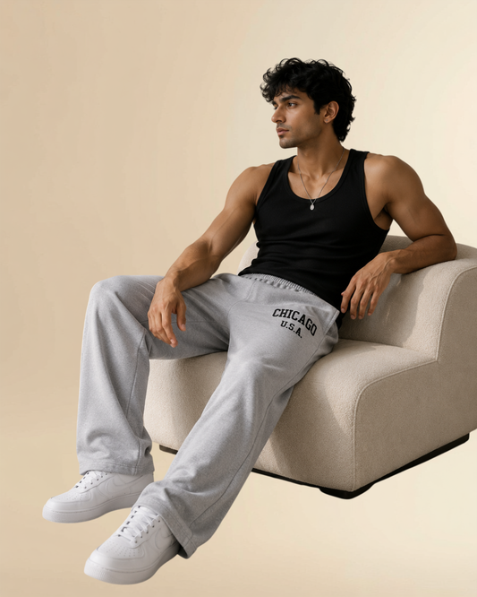 Chicago Wide Leg Track Pants | Relaxed Fit Premium Cotton Joggers - Grey Melange
