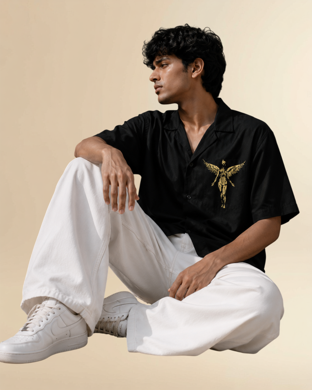 JVINGS Vintage Angel Graphic Oversized Cuban Collar Shirt – Black