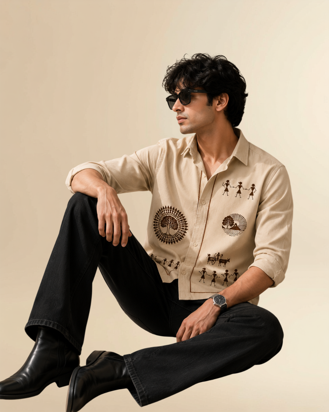 JVINGS Heritage Ivory Tribal Print Premium Casual Shirt
