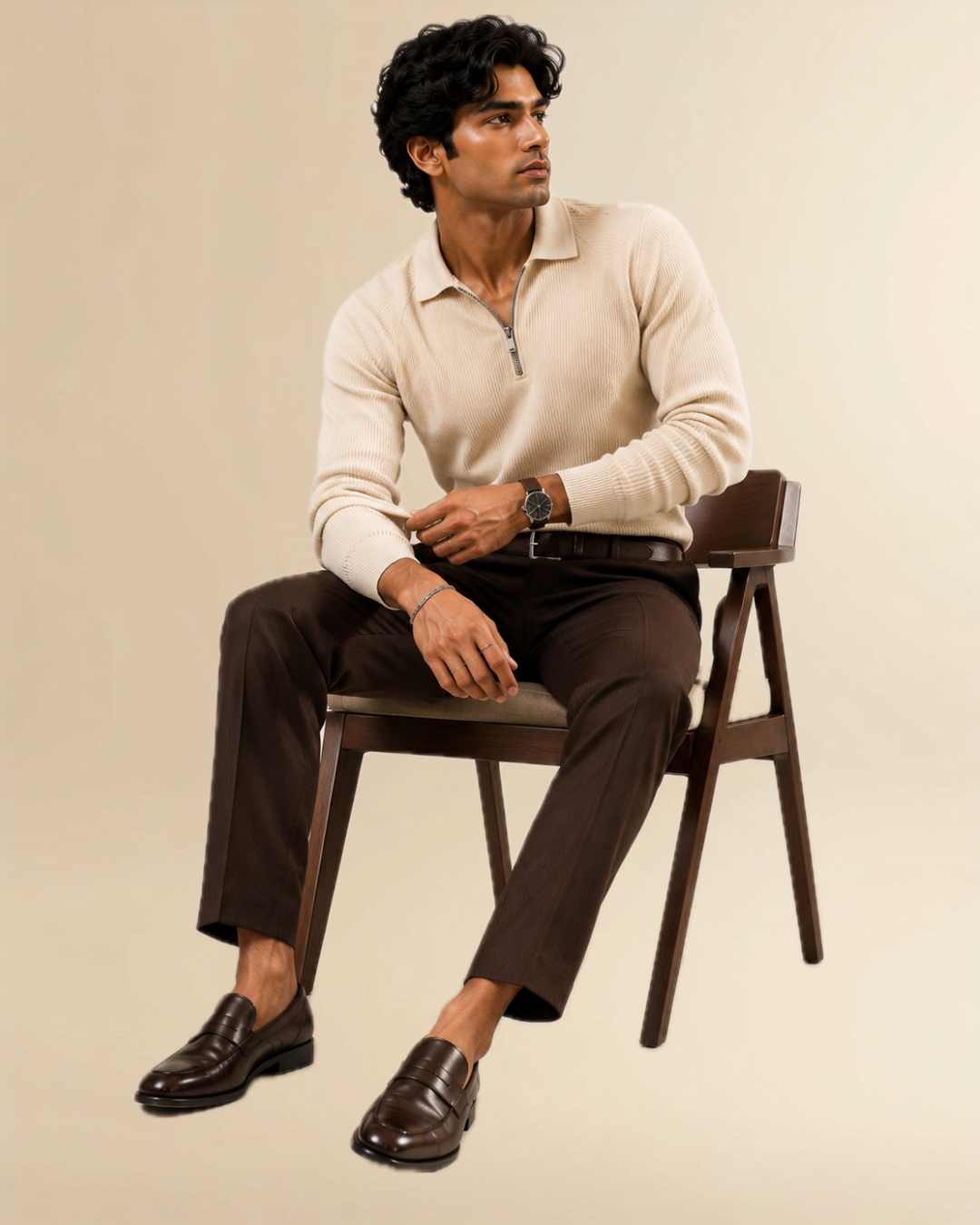 JVings Luxe Ribbed Half-Zip Polo Knit – Cream Edition