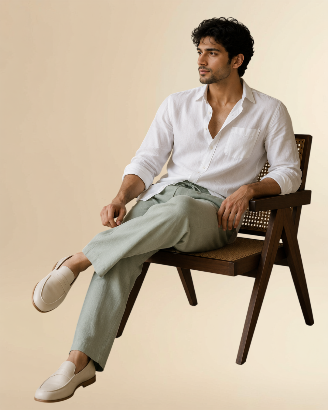 Sage Green Linen  Drawstring Trousers | Relaxed Straight Fit