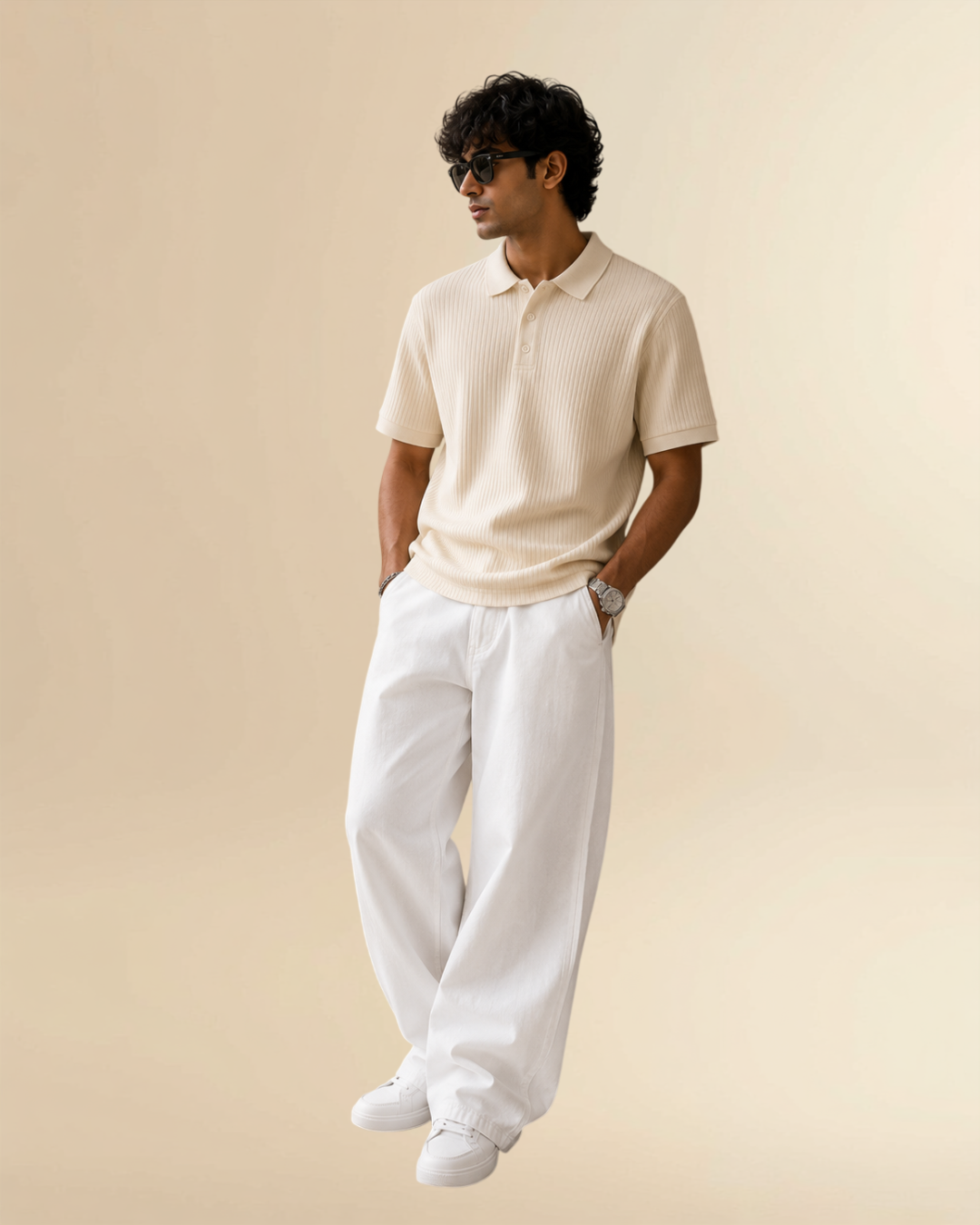 Essential Ribbed Knit Polo T-Shirt – Ivory | Premium Regular Fit