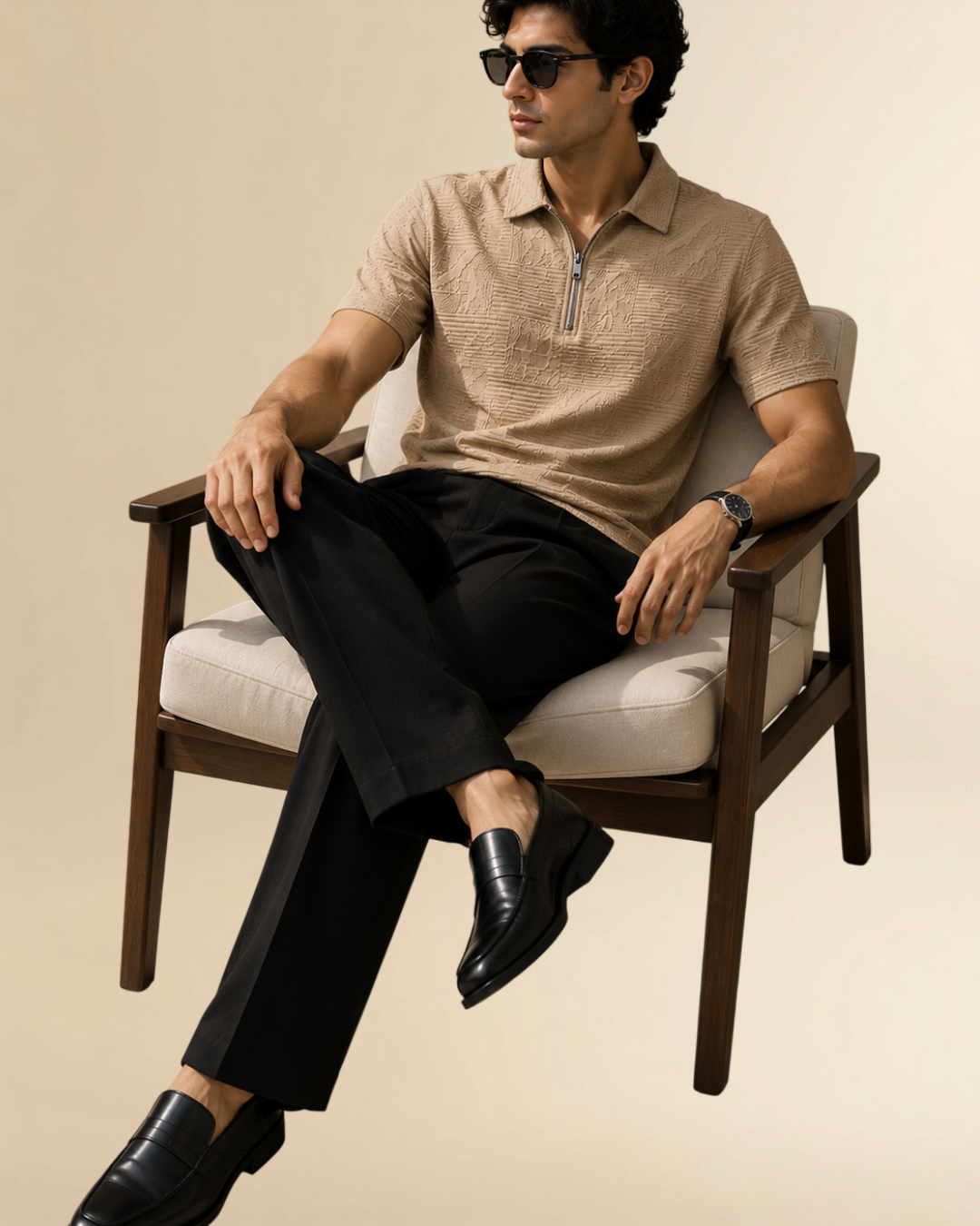 JVings Signature Textured Zip Polo – Beige