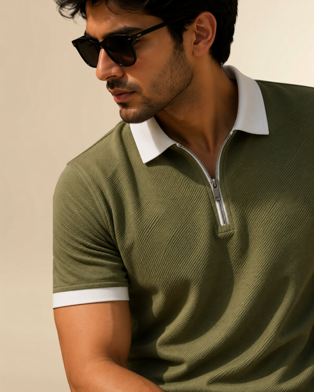 JVings Signature Textured Zip Polo – Sage Green Edition