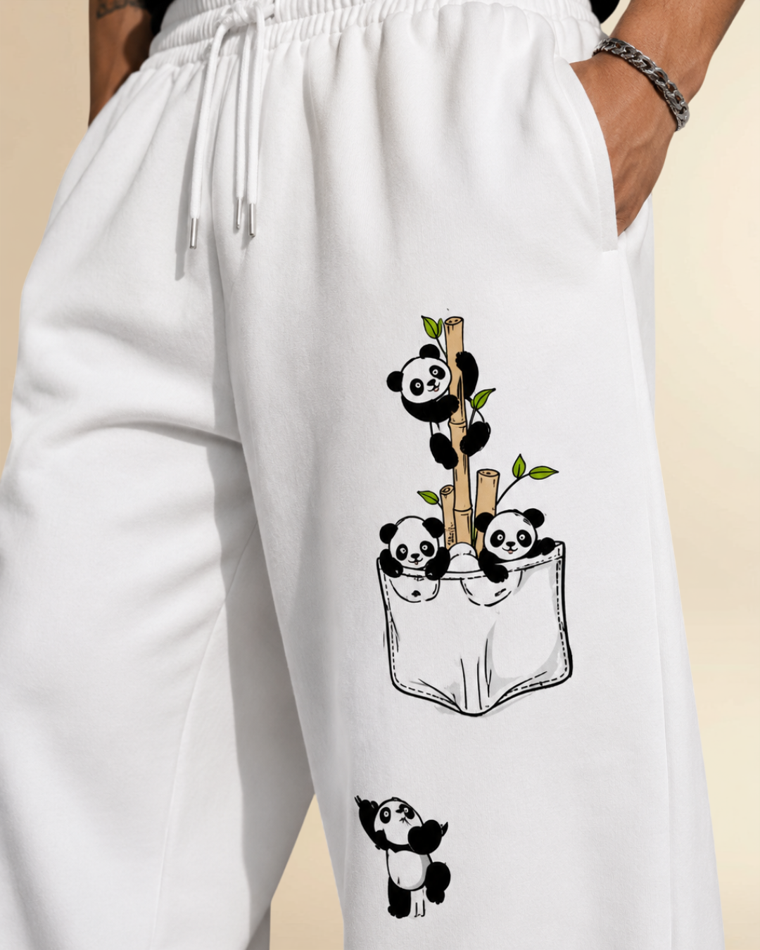 JVINGS Panda Wide Leg Track Pants – White