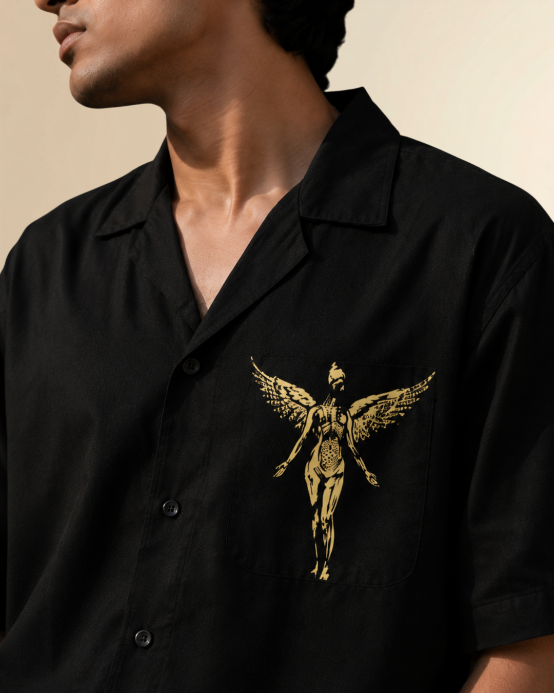 JVINGS Vintage Angel Graphic Oversized Cuban Collar Shirt – Black