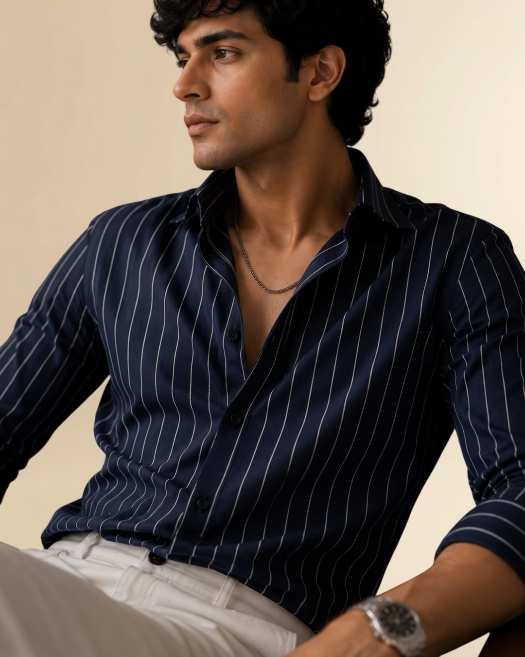 Navy Vertical Stripe Premium Shirt – Slim Fit | JVINGS