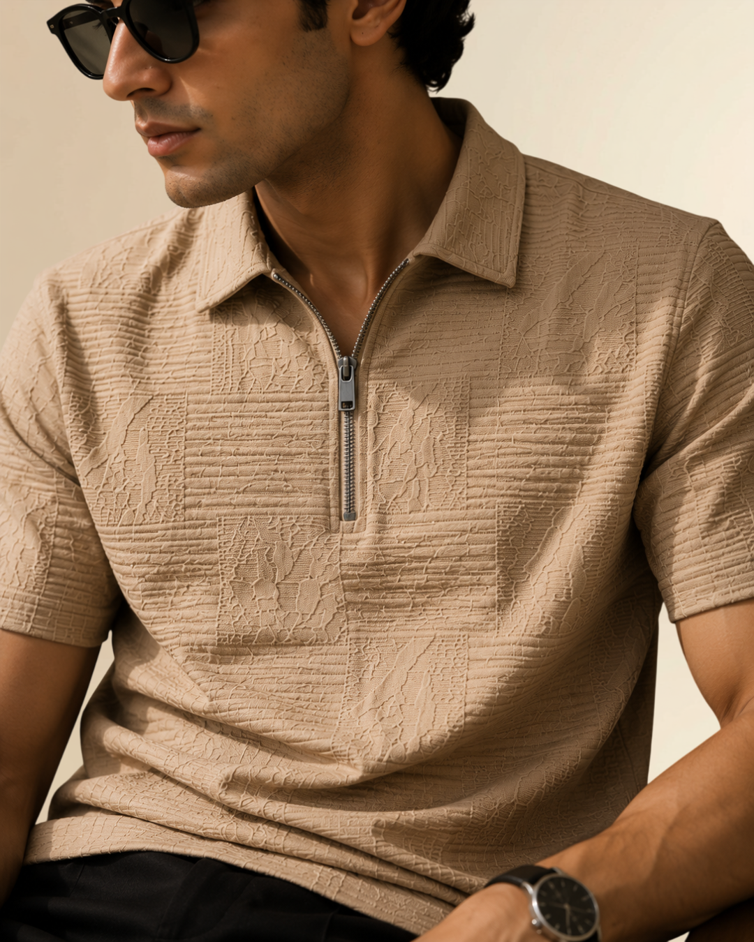 JVings Signature Textured Zip Polo – Beige