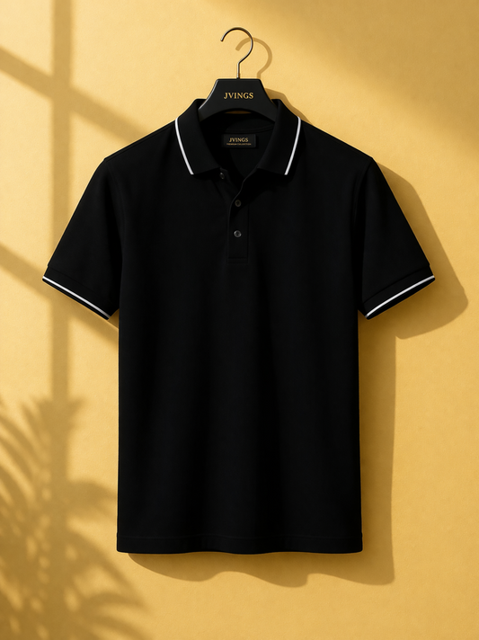JVINGS Noir Elite Polo – Premium Slim Fit Black Polo T-Shirt