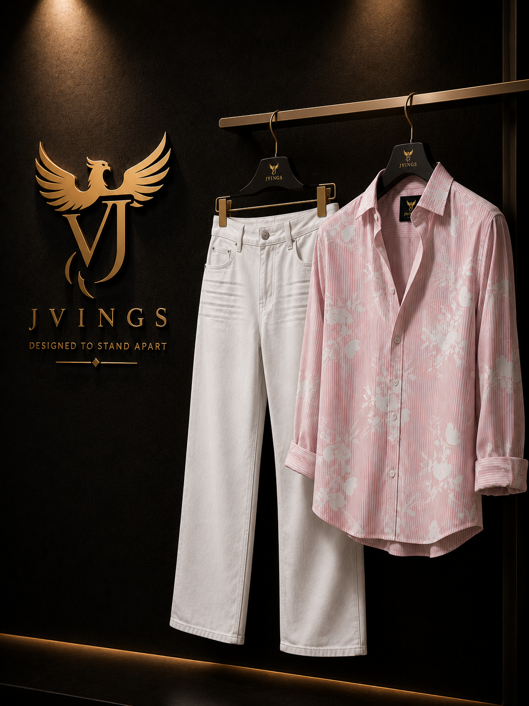 JVINGS Blush Bloom Signature Combo Set – Pink Floral Shirt & White Denim