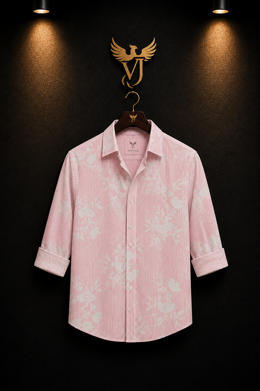 JVINGS Blush Bloom Premium Stripe Shirt | Luxury Floral Pink Shirt for Men