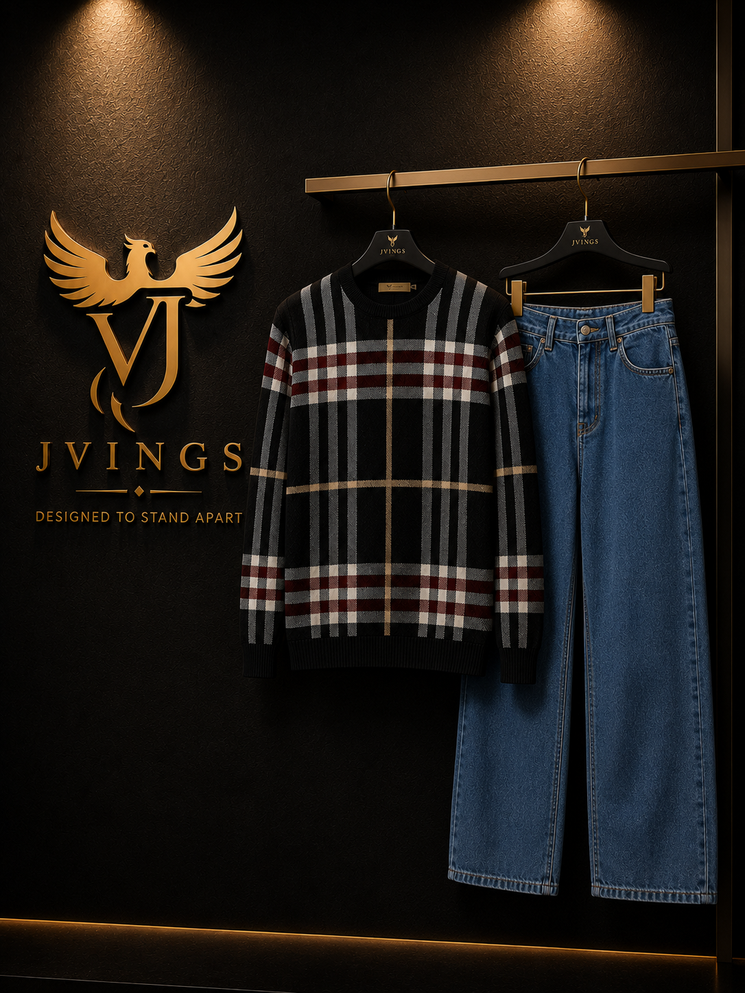 JVINGS Heritage Check Sweatshirt & Relaxed Blue Denim Combo