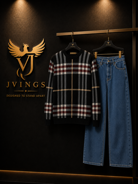 JVINGS Heritage Check Sweatshirt & Relaxed Blue Denim Combo
