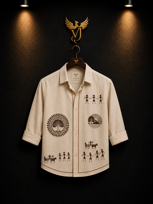 JVINGS Heritage Ivory Tribal Print Premium Casual Shirt