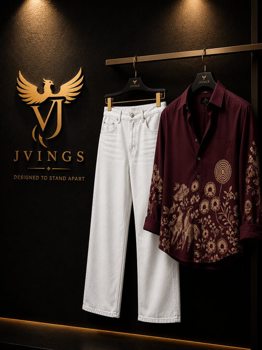 JVINGS Heritage Luxe Combo | Maroon Printed Shirt & White Jeans Set