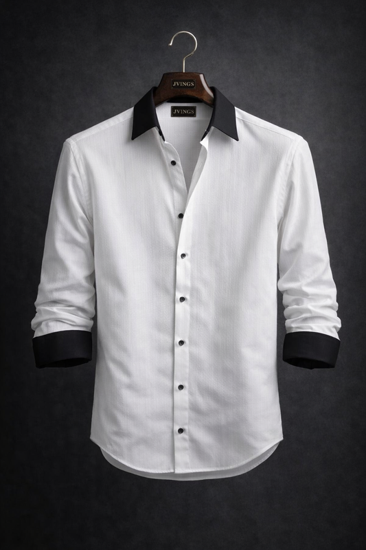 JVINGS Noir Luxe Contrast Shirt – Timeless Elegance in White & Black