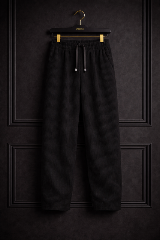 JVINGS Noir Luxe Ribbed Pants – Premium Relaxed Fit Black Drawstring Trousers