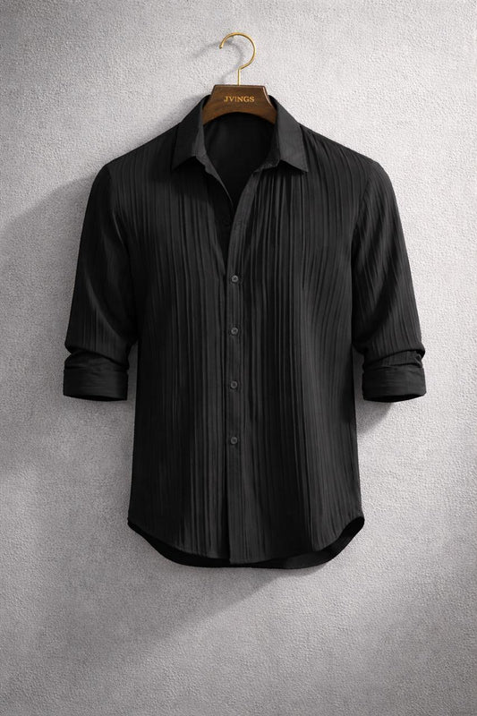 JVINGS Noir Luxe Vertical Texture Shirt – Sleek Black Premium Fit