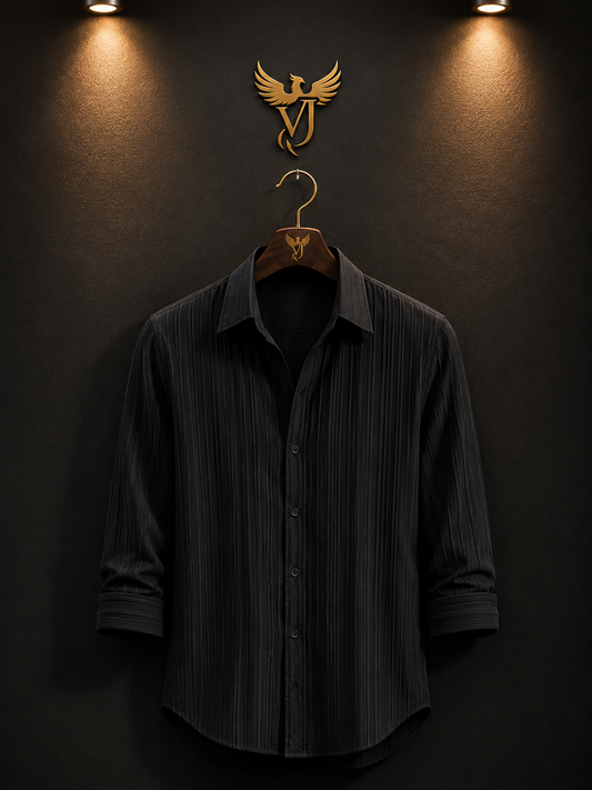 JVINGS Noir Luxe Vertical Texture Shirt – Sleek Black Premium Fit