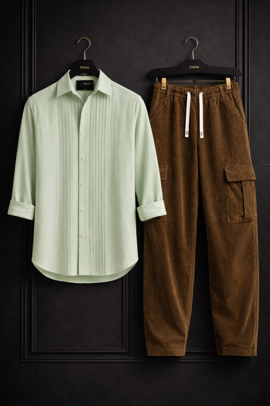 JVINGS Signature Luxe Set – Mint Pleated Shirt & Corduroy Cargo Pants Combo
